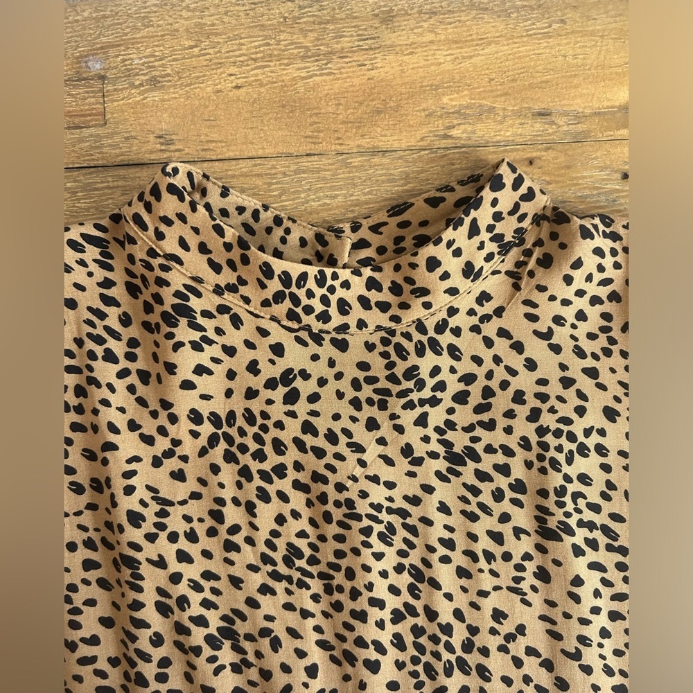 TAN & BLACK Leopard Print Tiered Babydoll Ruffle Cap Sleeves Boho Peplum Blouse - Picture 7 of 14